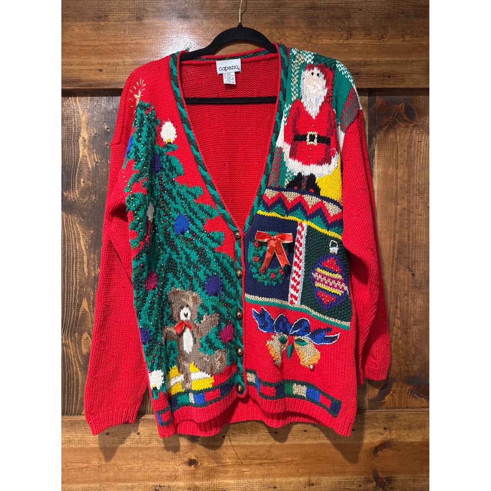 Vintage Capezio Christmas Cardigan Red Santa Tree Teddy Bear Jingle Bell Medium